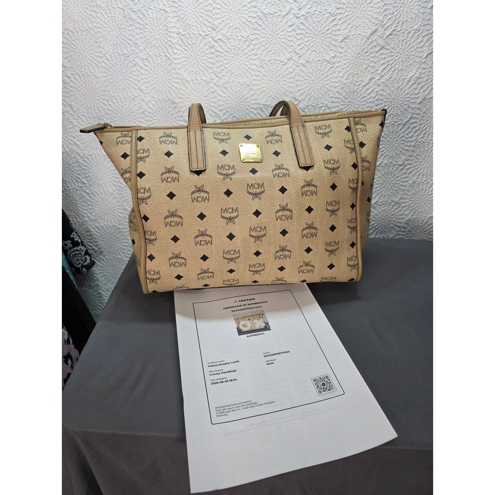 MCM Anya Top Zip Medium Shopper Women Medium Beige Good COA Visetos Tote Bag